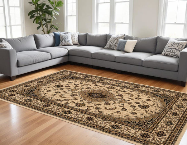 Homeroots 7' X 9' Beige And Black Floral Medallion Power Loom Area Rug  Olefin 395384