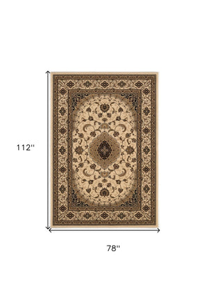 HomeRoots 4' Timeless Beige and Black Floral Medallion Power Loom Area Rug for Elegant Home Décor Solutions 7' X 9' Rectangle 395384