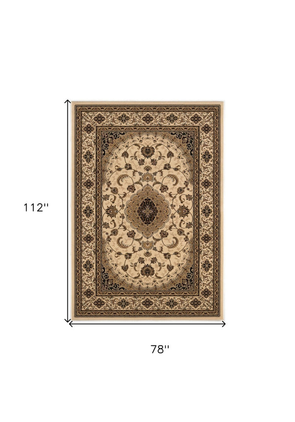 HomeRoots 4' Timeless Beige and Black Floral Medallion Power Loom Area Rug for Elegant Home Décor Solutions 7' X 9' Rectangle 395384