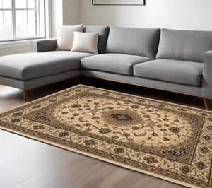HomeRoots 4' Timeless Beige and Black Floral Medallion Power Loom Area Rug for Elegant Home Décor Solutions 8' X 11' Rectangle 395386