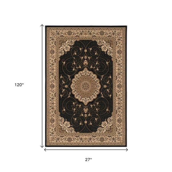 HomeRoots 10' Elegant Beige and Black Medallion Runner Rug - Timeless Style for Hallways and Narrow Spaces 2x10 395387
