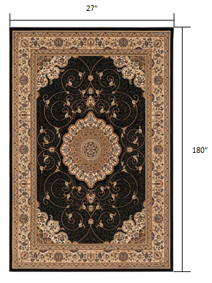Homeroots 15' Runner Beige And Black Medallion Power Loom Runner Rug  Olefin 395390