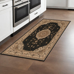 Homeroots 8' Runner Beige And Black Medallion Power Loom Runner Rug  Olefin 395395