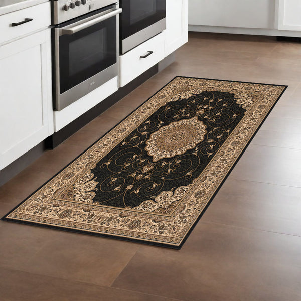 Homeroots 8' Runner Beige And Black Medallion Power Loom Runner Rug  Olefin 395395
