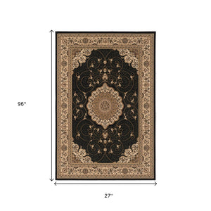 HomeRoots 10' Elegant Beige and Black Medallion Runner Rug - Timeless Style for Hallways and Narrow Spaces 2x8 395395
