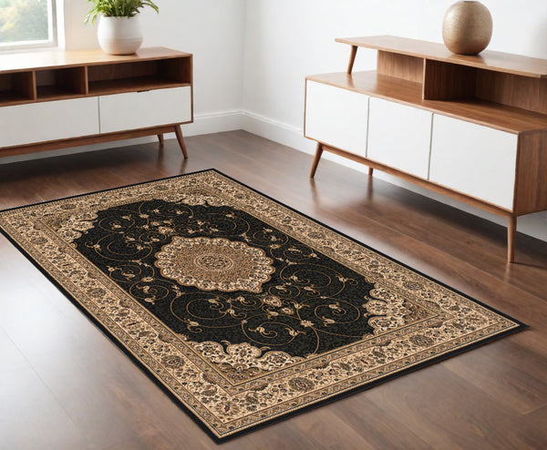 Homeroots 4' X 6' Beige And Black Medallion Power Loom Area Rug  Olefin 395404