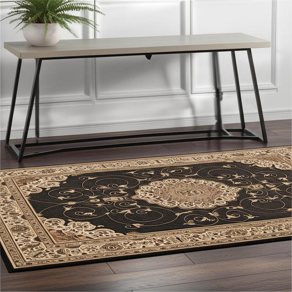 HomeRoots 10' Elegant Beige and Black Medallion Runner Rug - Timeless Style for Hallways and Narrow Spaces 4x6 395404