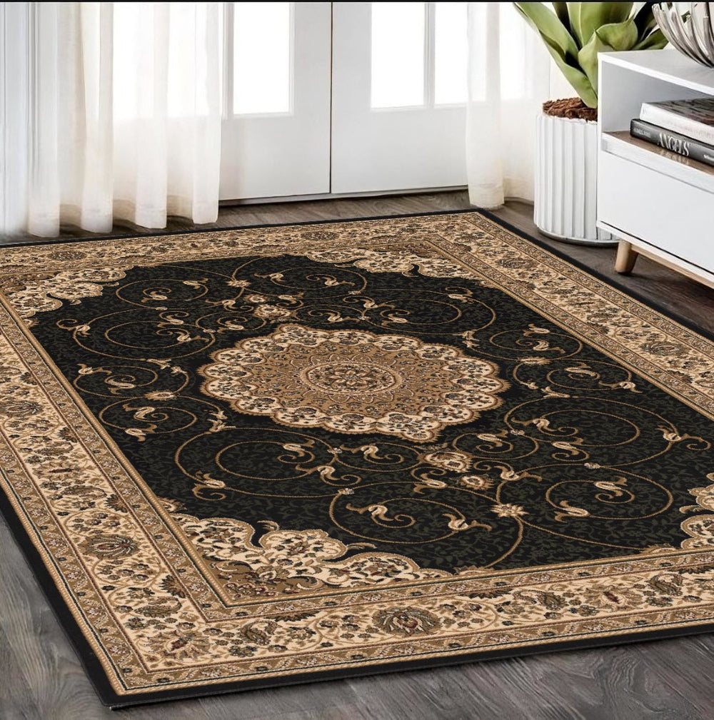 HomeRoots 10' Elegant Beige and Black Medallion Runner Rug - Timeless Style for Hallways and Narrow Spaces 5x8 395406