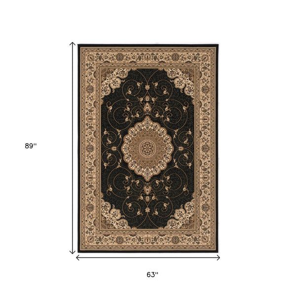 HomeRoots 10' Elegant Beige and Black Medallion Runner Rug - Timeless Style for Hallways and Narrow Spaces 5x8 395406