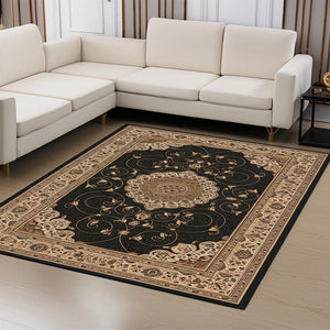 HomeRoots 10' Elegant Beige and Black Medallion Runner Rug - Timeless Style for Hallways and Narrow Spaces 7x10 395407