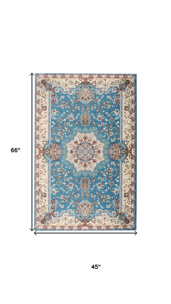HomeRoots 4' Elegant Blue and Ivory Oriental Power Loom Area Rug for Timeless Home Décor and Comfort 4' X 6' 395410