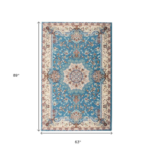 HomeRoots 4' Elegant Blue and Ivory Oriental Power Loom Area Rug for Timeless Home Décor and Comfort 5' X 8' 395412