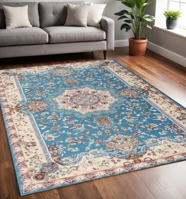 HomeRoots 4' Elegant Blue and Ivory Oriental Power Loom Area Rug for Timeless Home Décor and Comfort 5' X 8' 395412