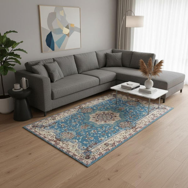 HomeRoots 4' Elegant Blue and Ivory Oriental Power Loom Area Rug for Timeless Home Décor and Comfort 7' X 9' 395413