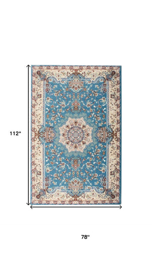 HomeRoots 4' Elegant Blue and Ivory Oriental Power Loom Area Rug for Timeless Home Décor and Comfort 7' X 9' 395413