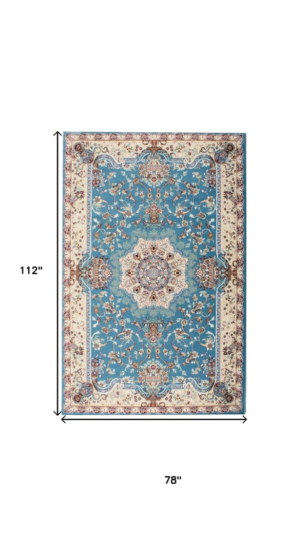 HomeRoots 4' Elegant Blue and Ivory Oriental Power Loom Area Rug for Timeless Home Décor and Comfort 7' X 9' 395413