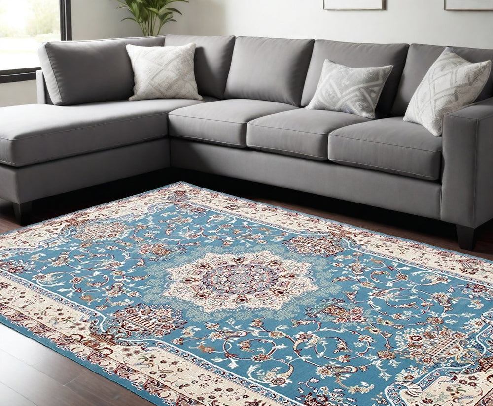 Homeroots 7' X 9' Blue And Ivory Oriental Power Loom Area Rug  Olefin 395413