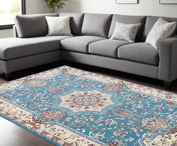 Homeroots 7' X 9' Blue And Ivory Oriental Power Loom Area Rug  Olefin 395413