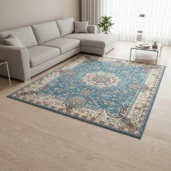 HomeRoots 4' Elegant Blue and Ivory Oriental Power Loom Area Rug for Timeless Home Décor and Comfort 8' X 11' 395415