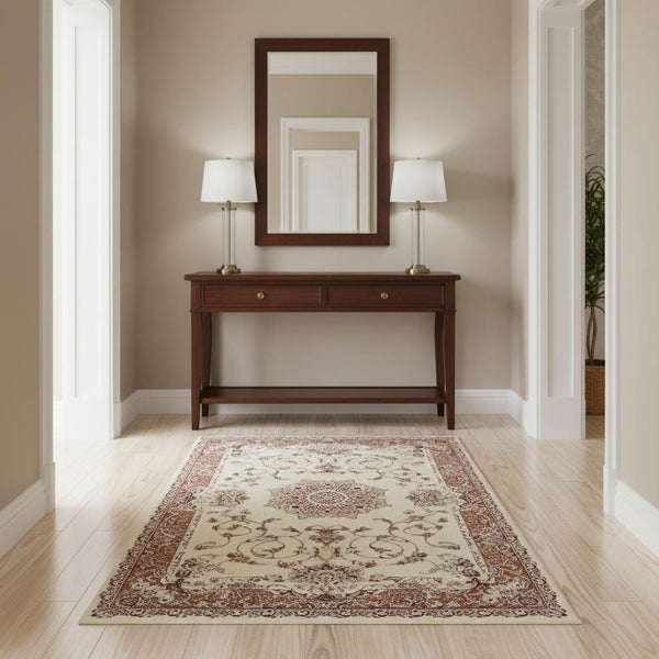 HomeRoots 4' Vibrant Orange and Ivory Oriental Area Rug - Durable Power Loom Design for Timeless Elegance 4' X 6' 395416