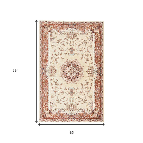 HomeRoots 4' Vibrant Orange and Ivory Oriental Area Rug - Durable Power Loom Design for Timeless Elegance 5' X 8' 395418