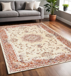 HomeRoots 4' Vibrant Orange and Ivory Oriental Area Rug - Durable Power Loom Design for Timeless Elegance 5' X 8' 395418