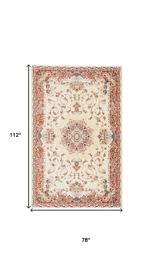 HomeRoots 4' Vibrant Orange and Ivory Oriental Area Rug - Durable Power Loom Design for Timeless Elegance 7' X 9' 395419