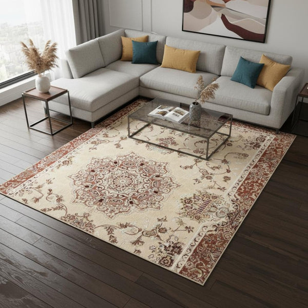 HomeRoots 4' Vibrant Orange and Ivory Oriental Area Rug - Durable Power Loom Design for Timeless Elegance 7' X 9' 395419