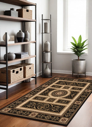 Homeroots 4' X 6' Beige And Black Oriental Power Loom Area Rug  Olefin 395422