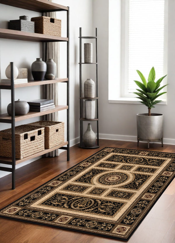 Homeroots 4' X 6' Beige And Black Oriental Power Loom Area Rug  Olefin 395422