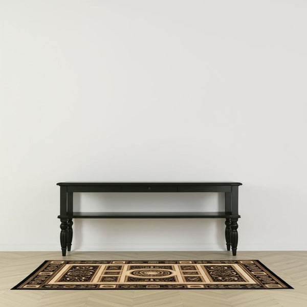 HomeRoots 4' Elegant Beige and Black Oriental Area Rug - Power Loomed Design for Timeless Style and Durability 4' X 6' 395422