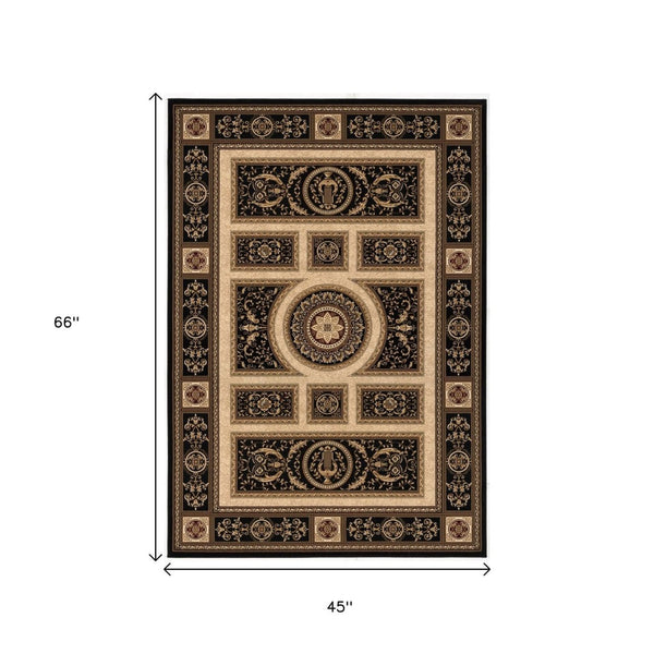 HomeRoots 4' Elegant Beige and Black Oriental Area Rug - Power Loomed Design for Timeless Style and Durability 4' X 6' 395422
