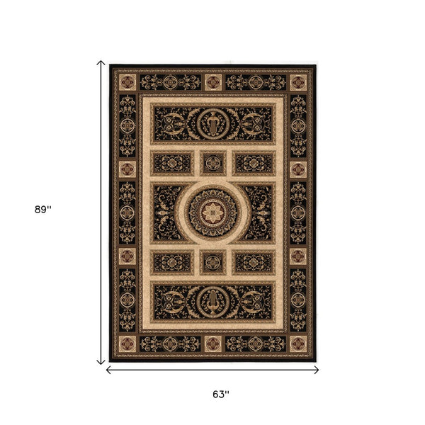 HomeRoots 4' Elegant Beige and Black Oriental Area Rug - Power Loomed Design for Timeless Style and Durability 5' X 8' 395424