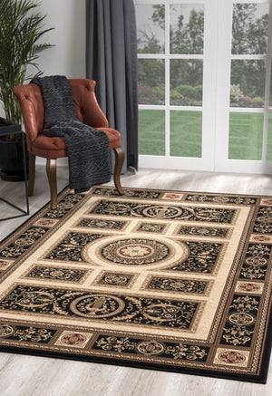 Homeroots 7' X 9' Beige And Black Oriental Power Loom Area Rug  Olefin 395425