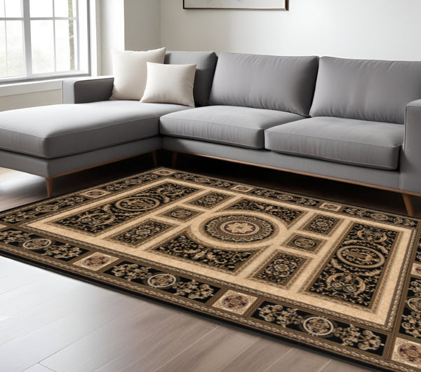 HomeRoots 4' Elegant Beige and Black Oriental Area Rug - Power Loomed Design for Timeless Style and Durability 7' X 9' 395425