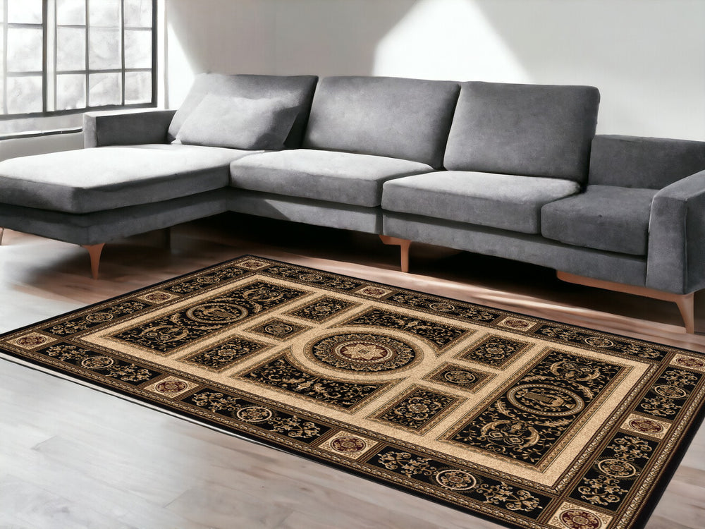 Homeroots 7' X 9' Beige And Black Oriental Power Loom Area Rug  Olefin 395425