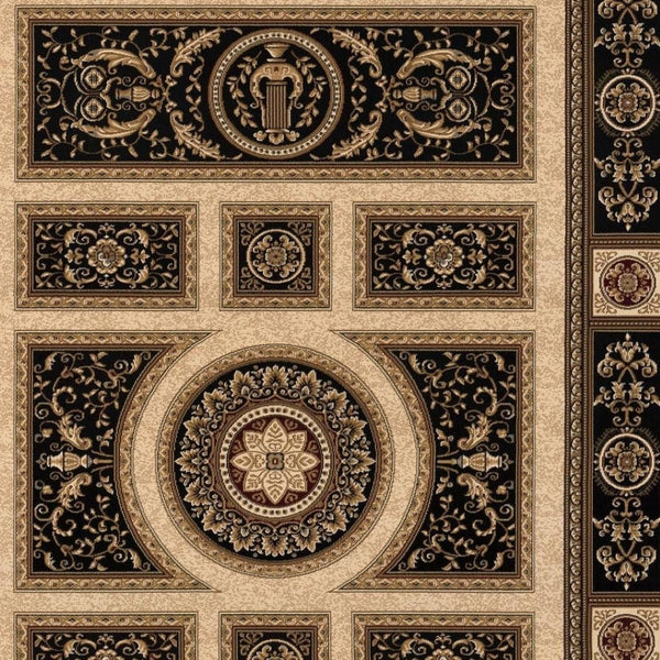 HomeRoots 4' Elegant Beige and Black Oriental Area Rug - Power Loomed Design for Timeless Style and Durability 7' X 9' 395425