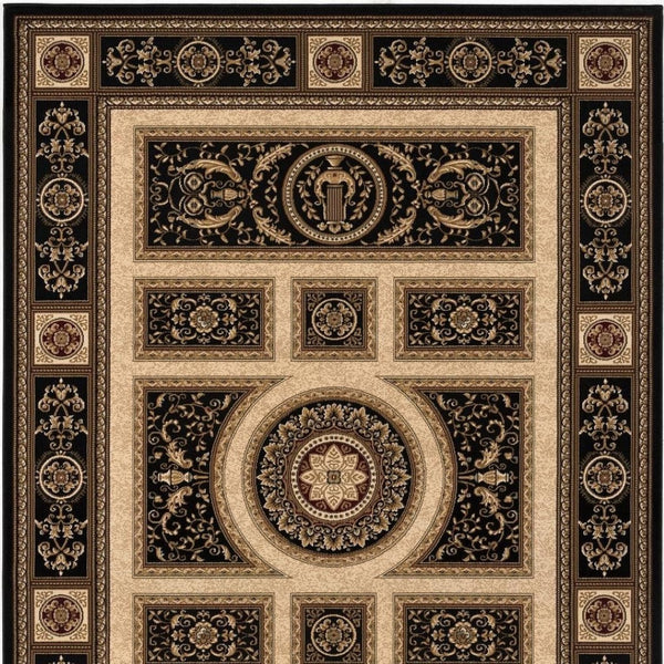 HomeRoots 4' Elegant Beige and Black Oriental Area Rug - Power Loomed Design for Timeless Style and Durability 7' X 9' 395425