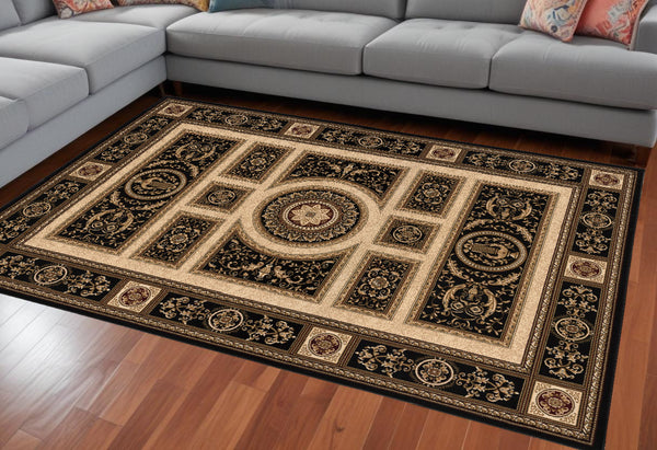Homeroots 8' X 11' Beige And Black Oriental Power Loom Area Rug  Olefin 395427