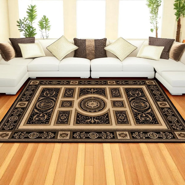 HomeRoots 4' Elegant Beige and Black Oriental Area Rug - Power Loomed Design for Timeless Style and Durability 8' X 11' 395427