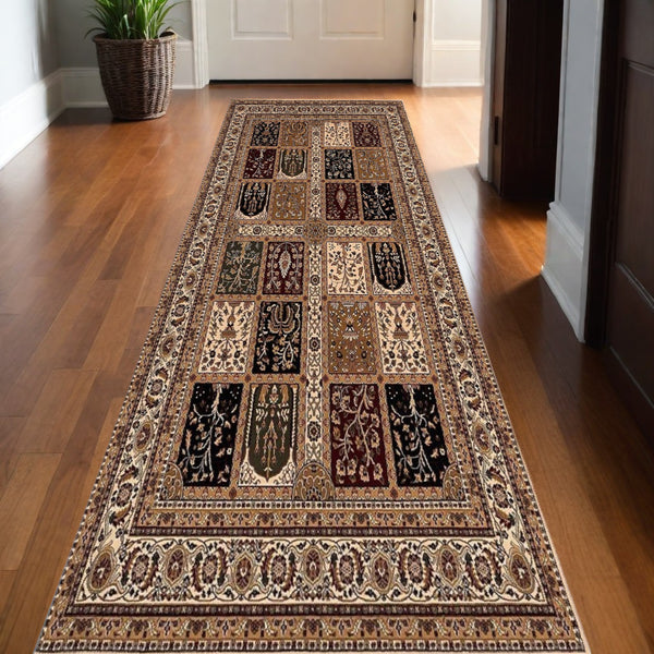 Homeroots 10' Runner Beige And Black Oriental Power Loom Runner Rug  Olefin 395428