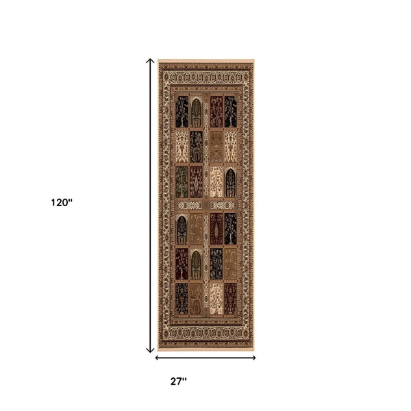 HomeRoots 10' Elegant Beige and Black Oriental Runner Rug for Hallways, Kitchens, and Entryways – Durable Design 2x10 395428