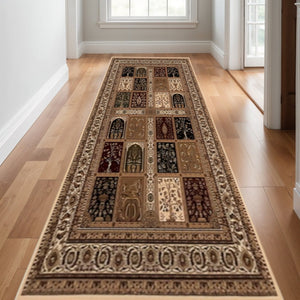 HomeRoots 10' Elegant Beige and Black Oriental Runner Rug for Hallways, Kitchens, and Entryways – Durable Design 2x13 395430
