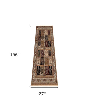 Homeroots 13' Runner Beige And Black Oriental Power Loom Runner Rug  Olefin 395430