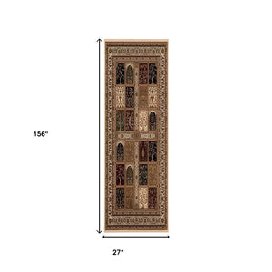 HomeRoots 10' Elegant Beige and Black Oriental Runner Rug for Hallways, Kitchens, and Entryways – Durable Design 2x13 395430