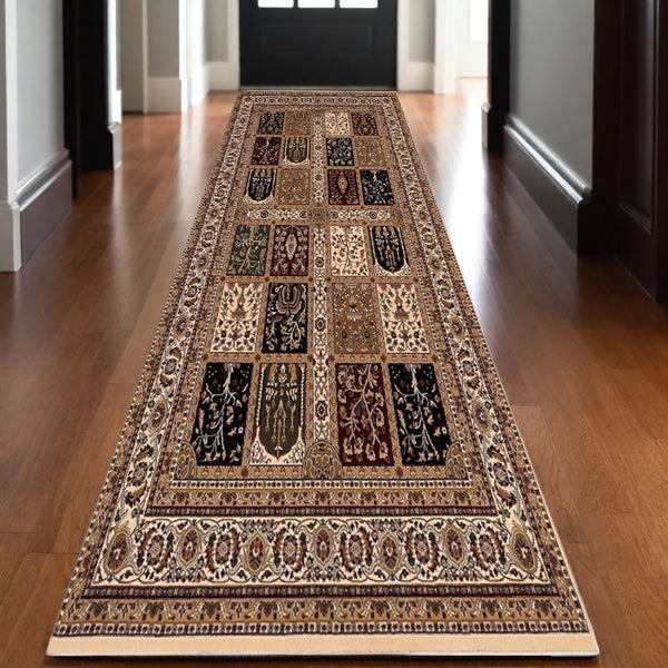 Homeroots 20' Runner Beige And Black Oriental Power Loom Runner Rug  Olefin 395432