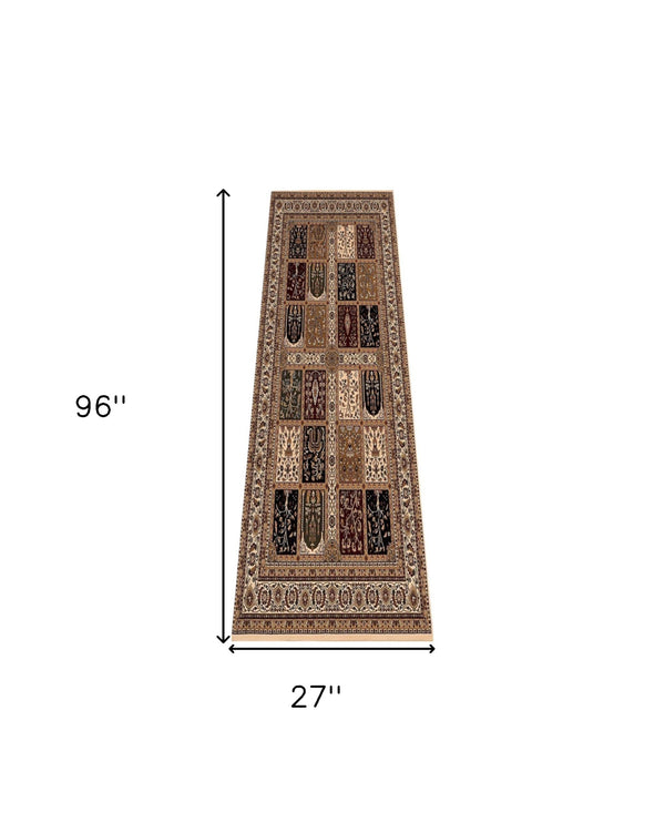 Homeroots 8' Runner Beige And Black Oriental Power Loom Runner Rug  Olefin 395436