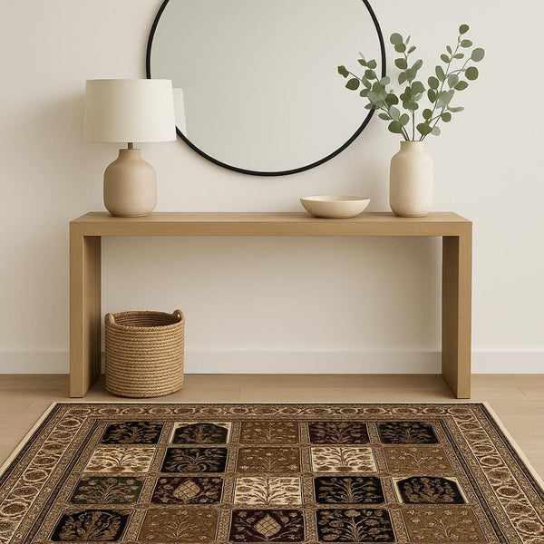 HomeRoots 10' Elegant Beige and Black Oriental Runner Rug for Hallways, Kitchens, and Entryways – Durable Design 4x6 395445
