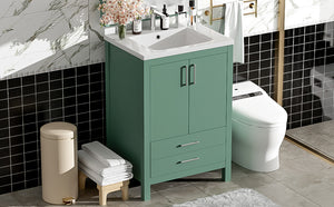 English Elm 24'' Green Bathroom Vanity with Ceramic Sink Combo — Modern Freestanding MDF & Solid Wood Storage, Soft-Close Doors, Silver Handles N710P228364F