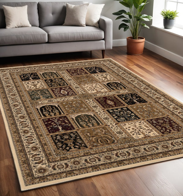 HomeRoots 10' Elegant Beige and Black Oriental Runner Rug for Hallways, Kitchens, and Entryways – Durable Design 5x8 395447